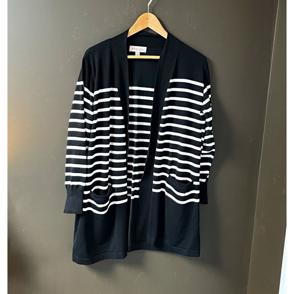 Philosophy Woman Black White Striped Open Front Pocket Cardigan 3/4 Sleeve 1X